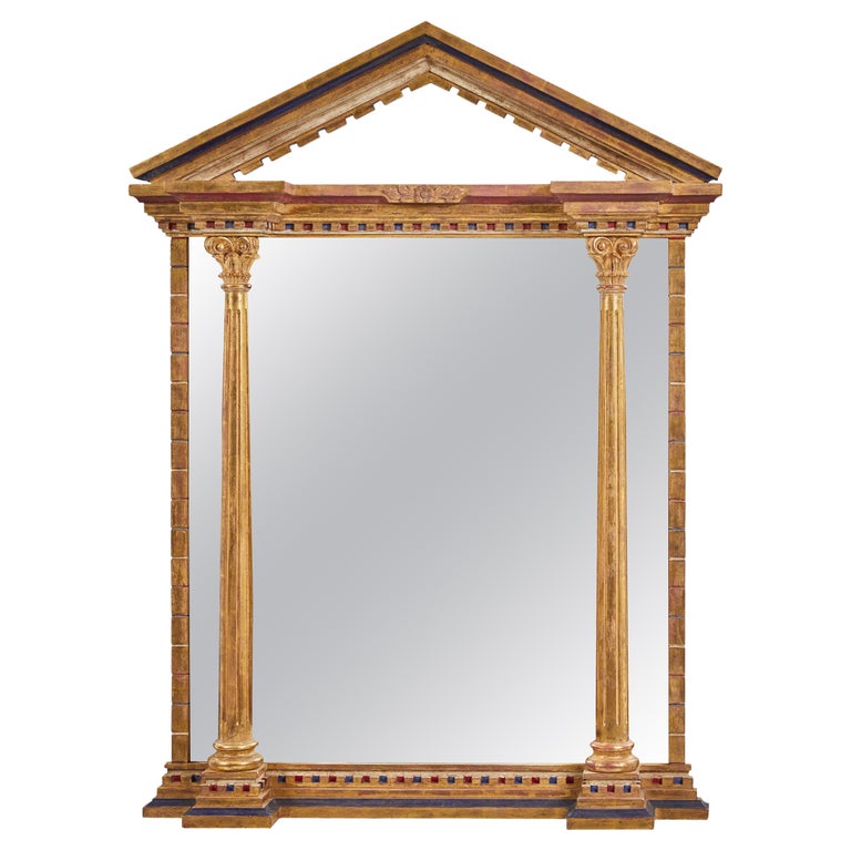 Gold-Leaf and Polychromed Mirror with Pediment, 20th Century, offered by Dragonette Ltd.