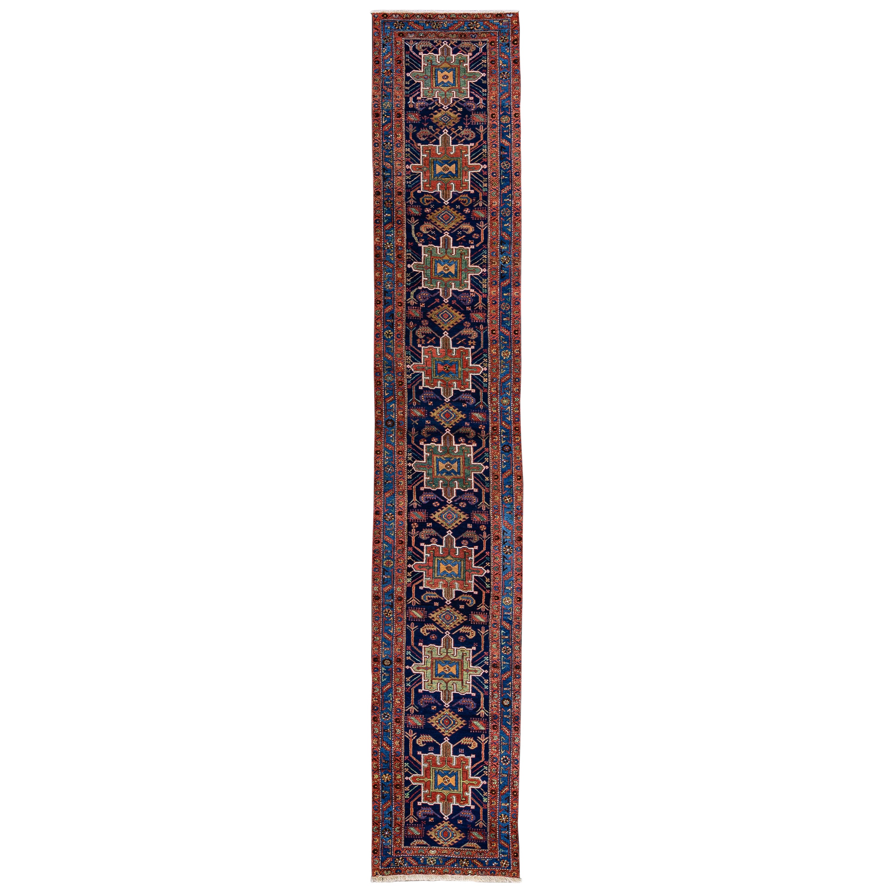 Antique Persian Heriz Handmade Geometric Blue Wool Runner