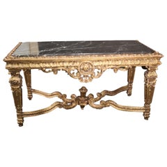 Large French Carved Gilded Louis XIV Marble Top Center Table with Stretcher