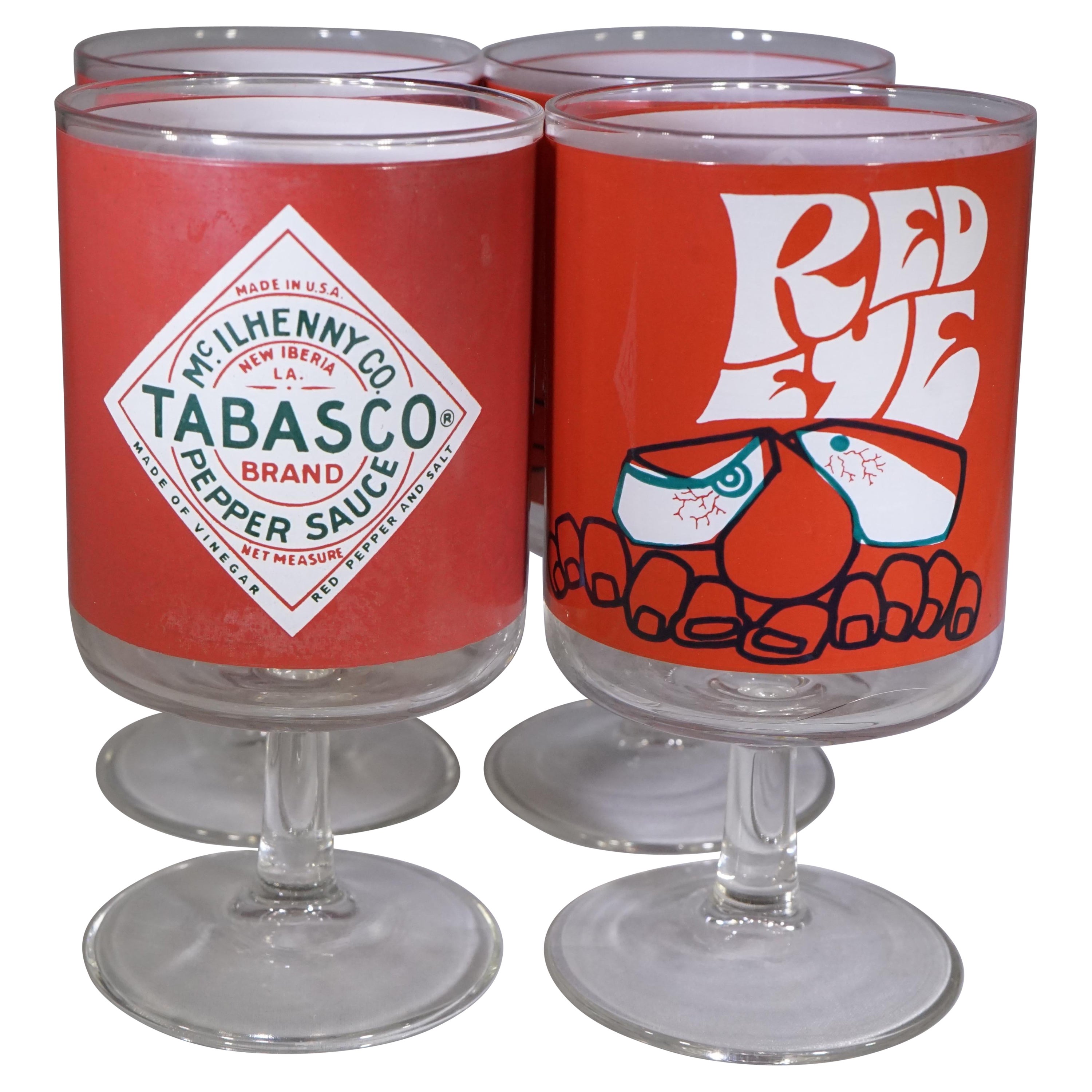 Vintage Set of 4 Red Tabasco Brand Glasses with Red Eye Design For Sale