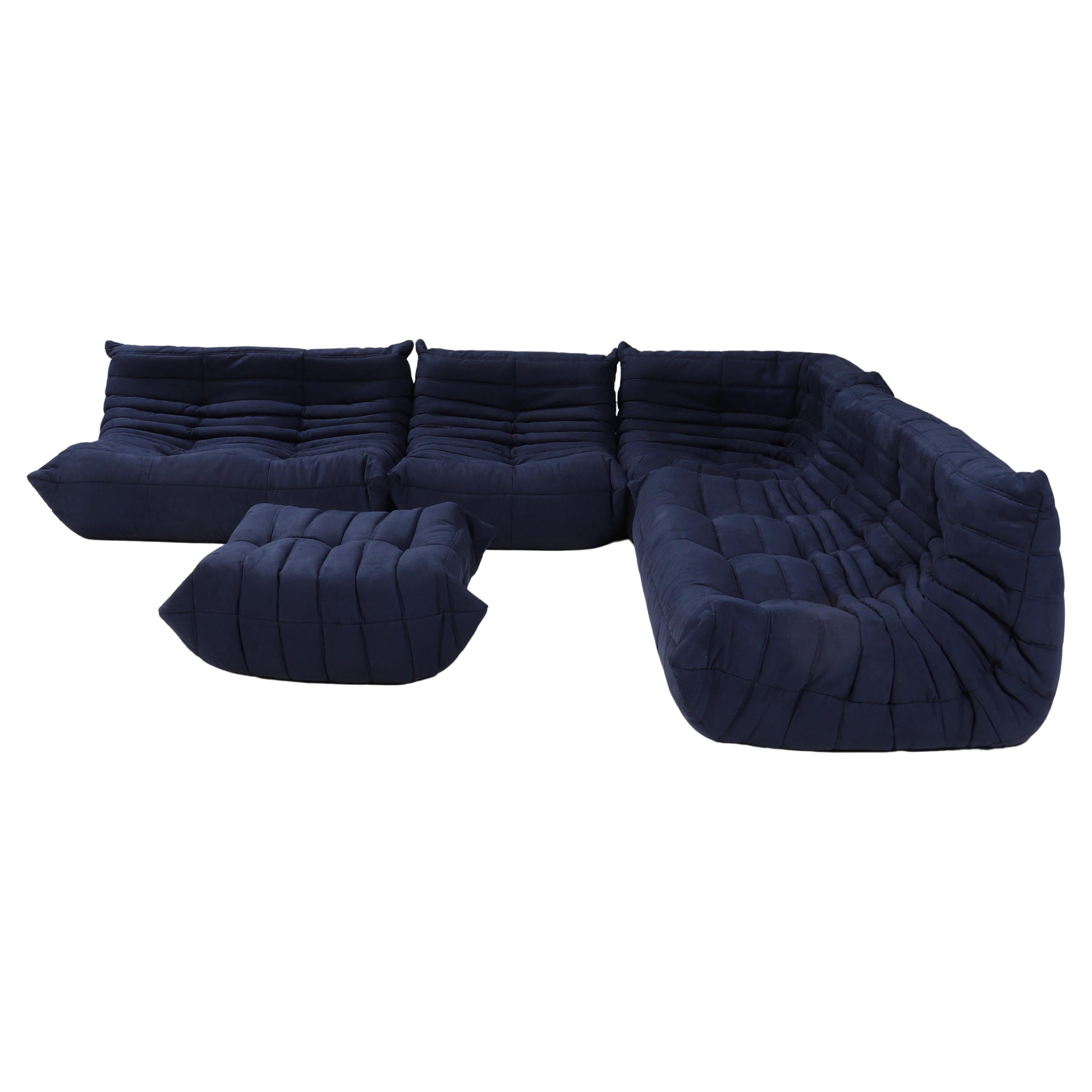 Ligne Roset by Michel Ducaroy Togo Dark Blue Sofa and Footstool, Set of 5