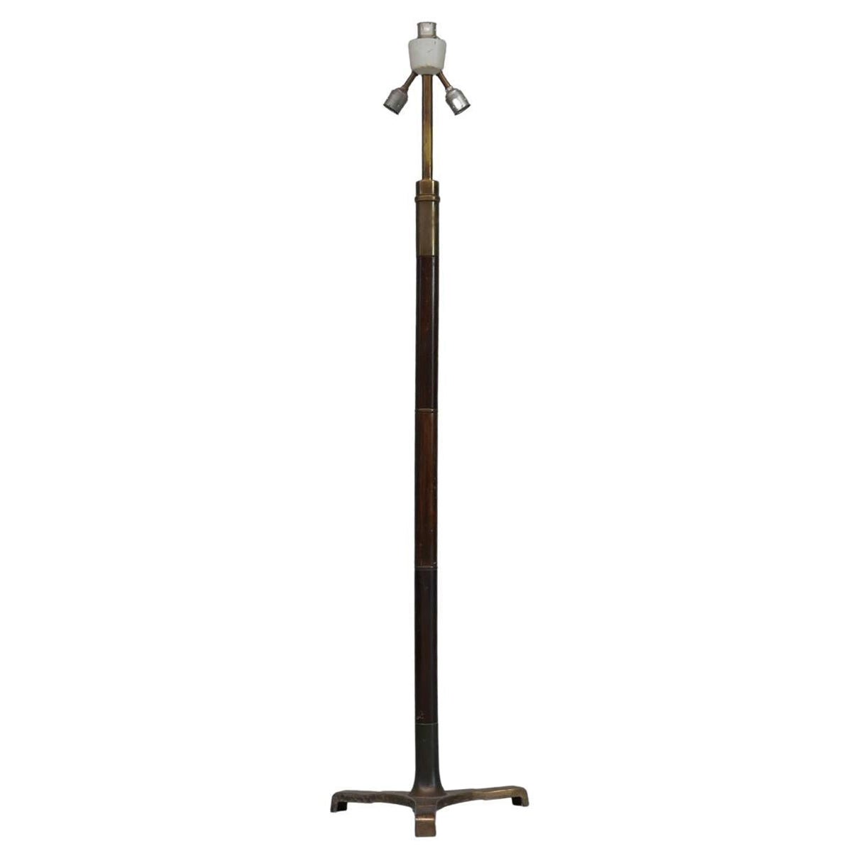French Mid-Century Brass and Wood Floor Lamp For Sale