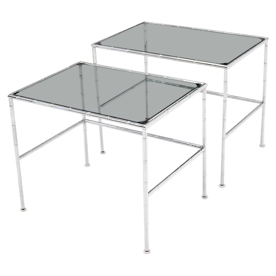 Pair of Chrome Faux Bamboo Smoked Glass Tops Nesting Tables For Sale