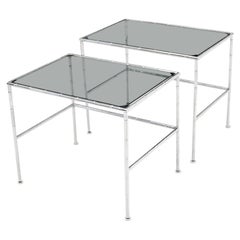 Pair of Chrome Faux Bamboo Smoked Glass Tops Nesting Tables