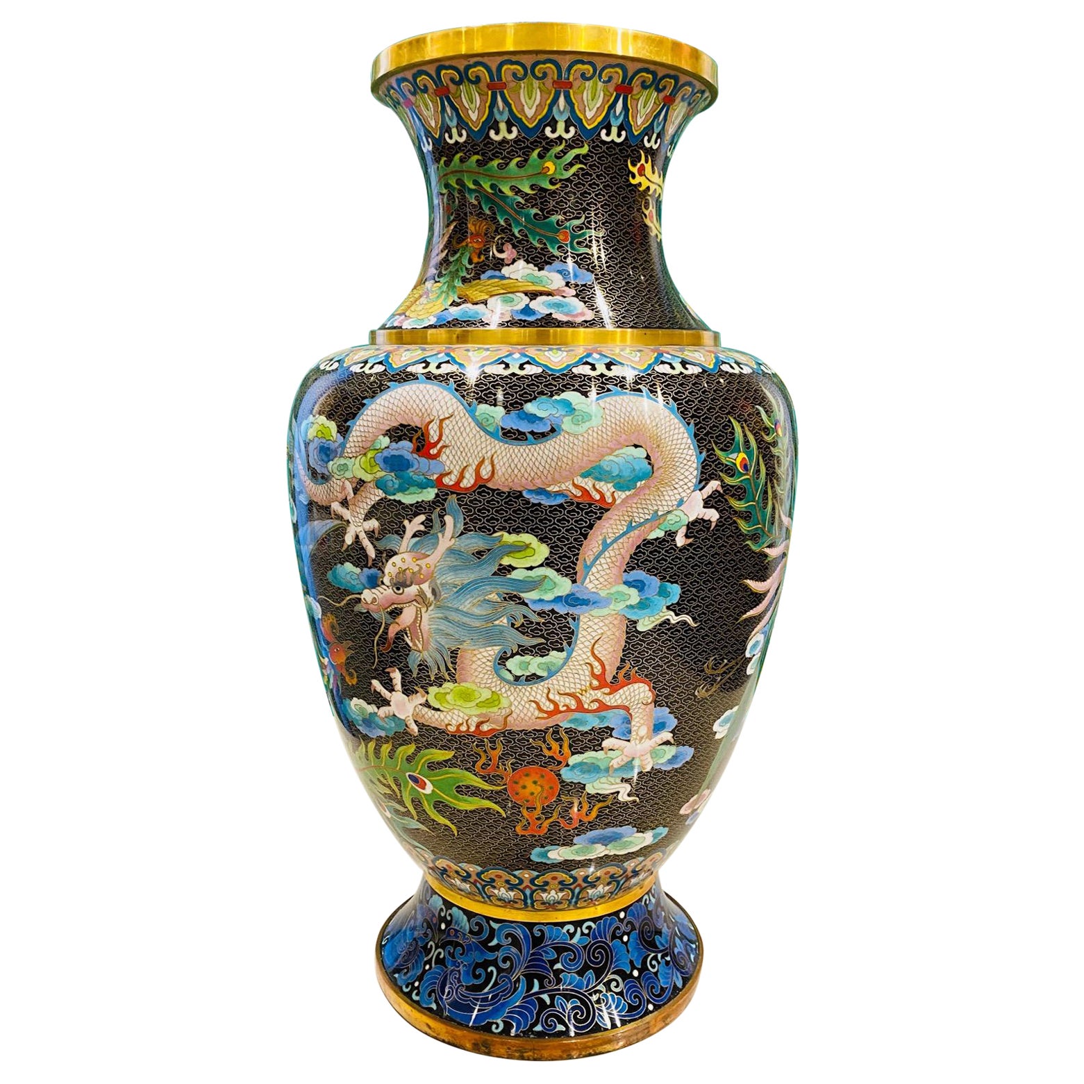 Vintage Chinese Cloisonné Vase with Dragon and Phoenix, c. 1940's