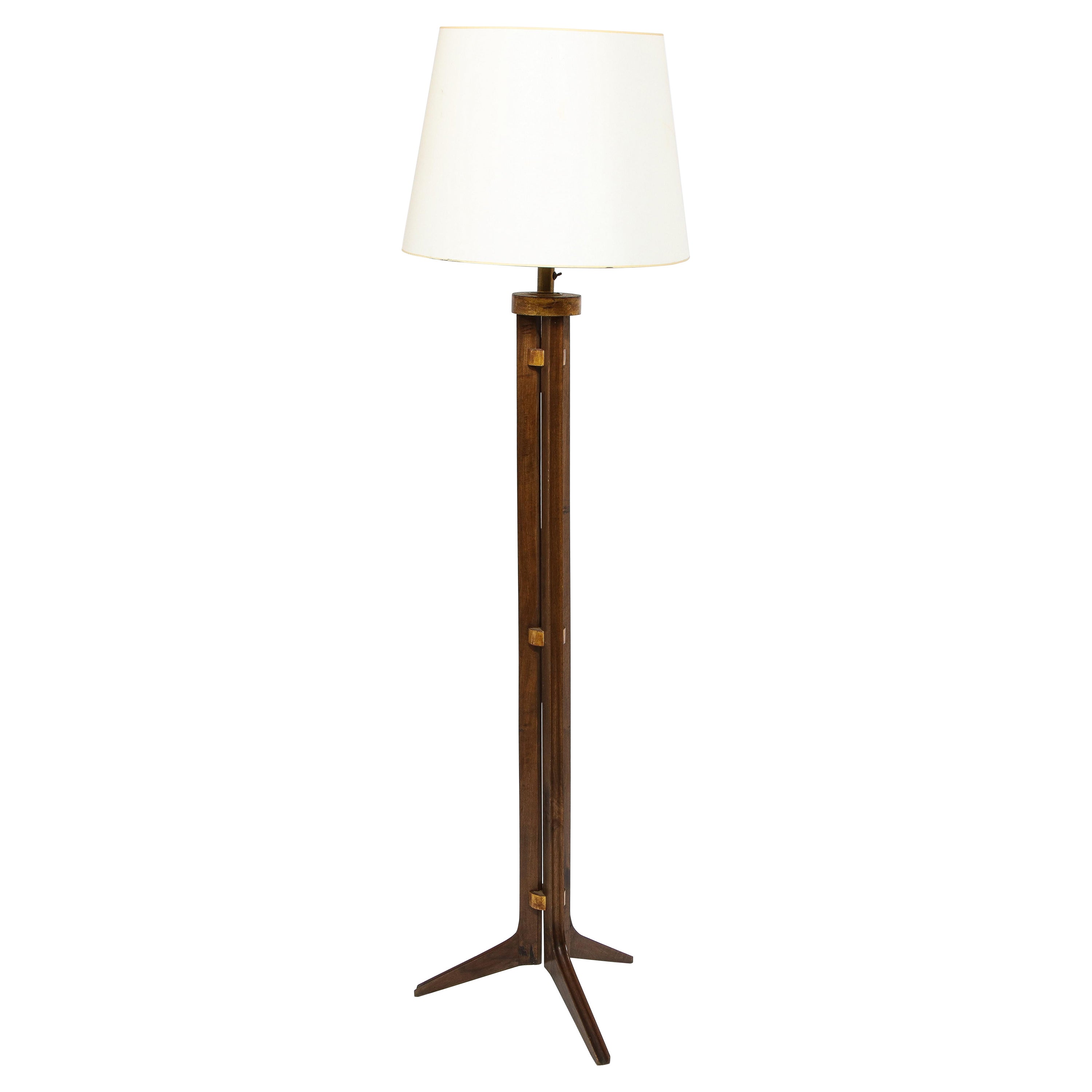Walnut Tripod Floor Lamp with Gilt Accents, France 1960's  For Sale