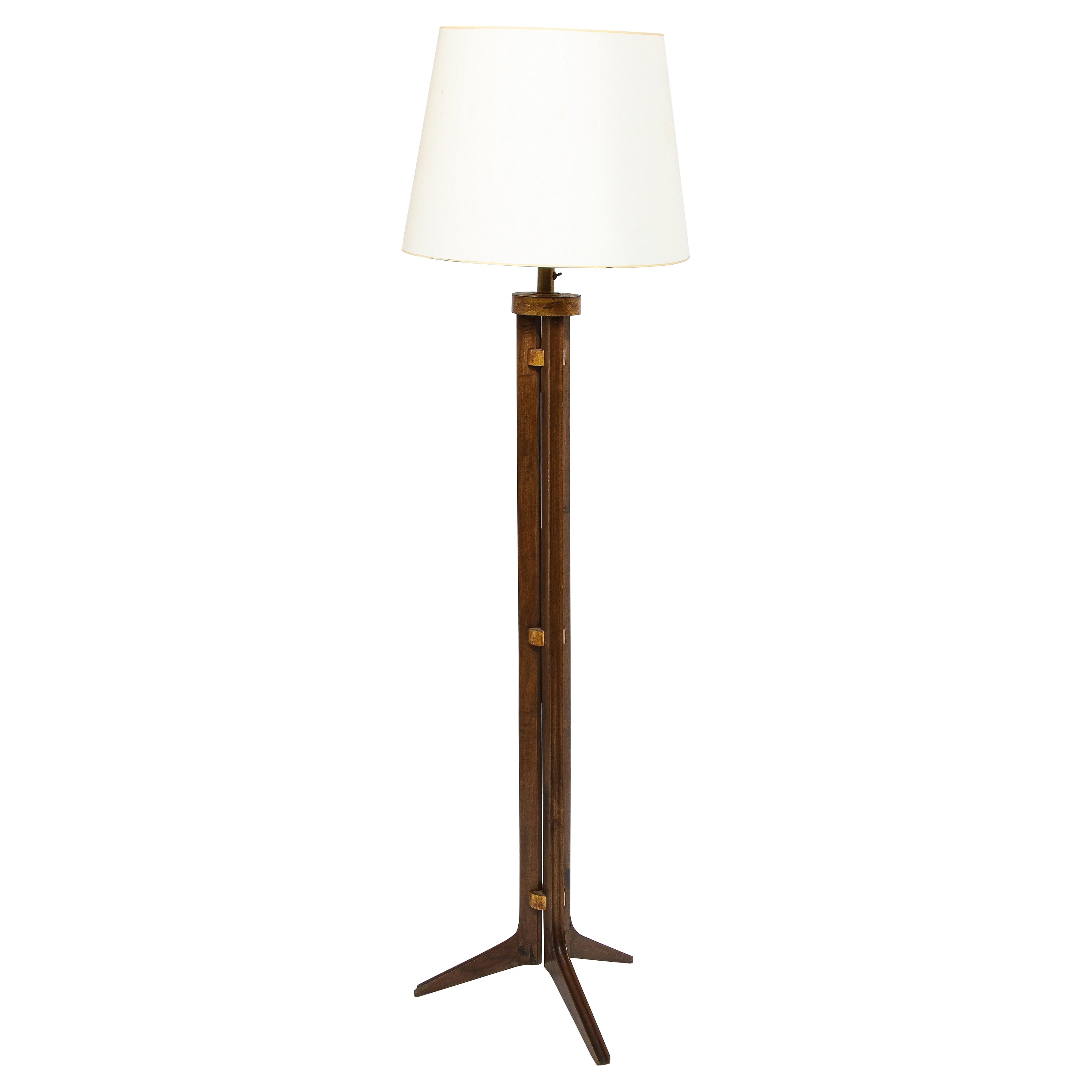 Walnut Tripod Floor Lamp with Gilt Accents, France 1960's For Sale