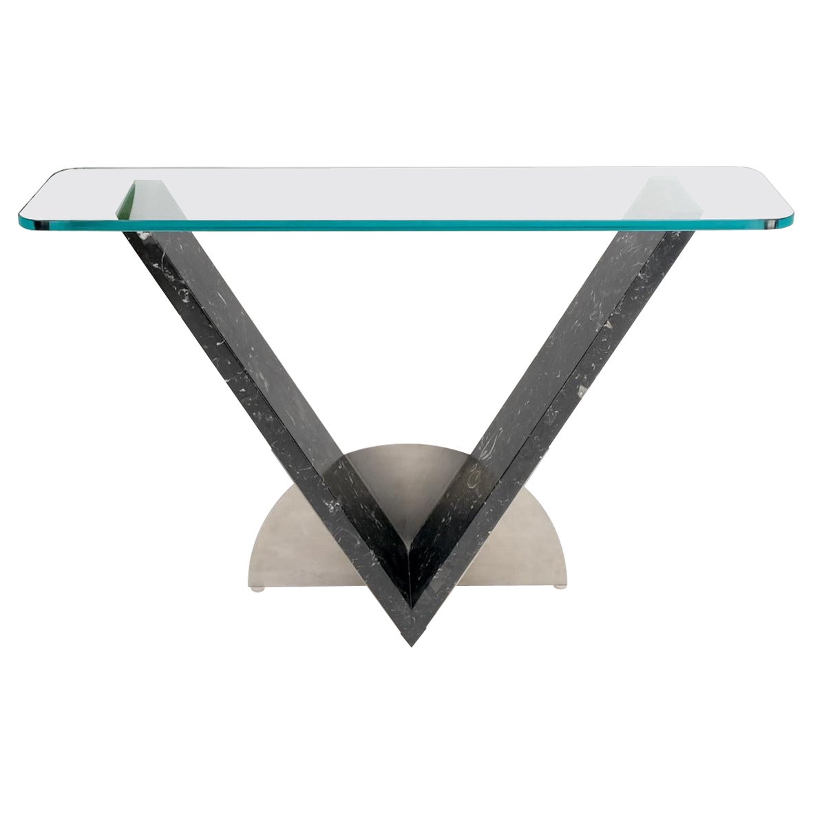Table console en forme de "V" avec base en marbre et plateau en verre épais Modernity Design sur mesure