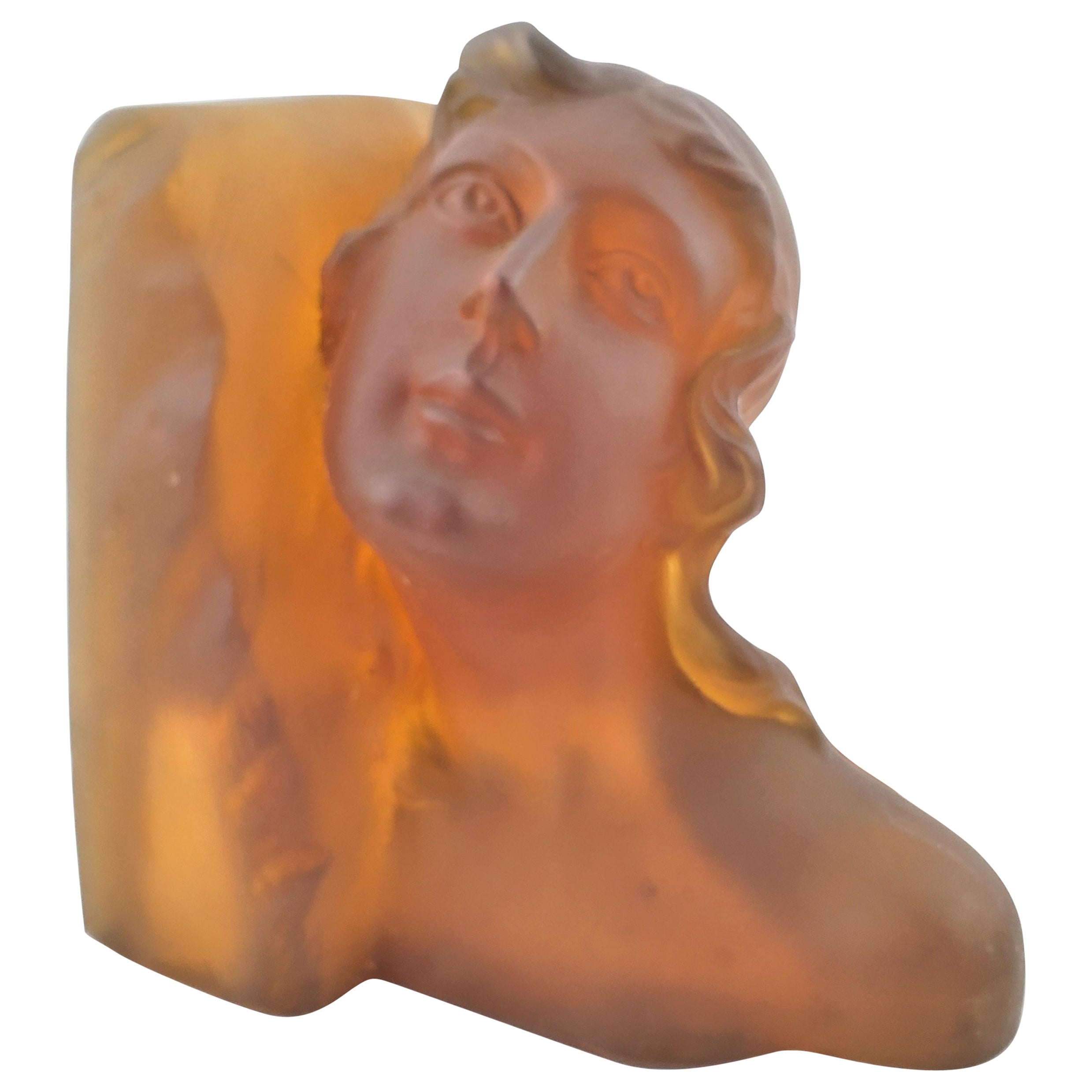 Lampe de table ou sculpture d'appoint en forme de buste féminin en verre ambré lourd Art Déco en vente