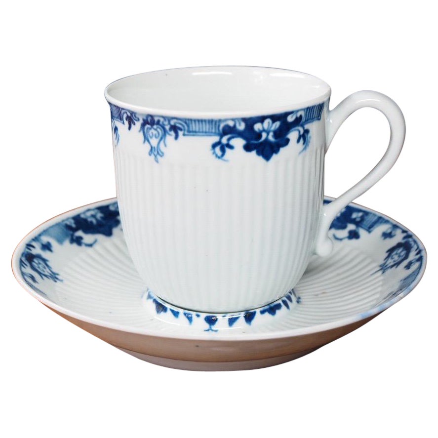 Worcester Cup & Saucer, Ribbed Form with Blue Lambrequins, c. 1756 For Sale