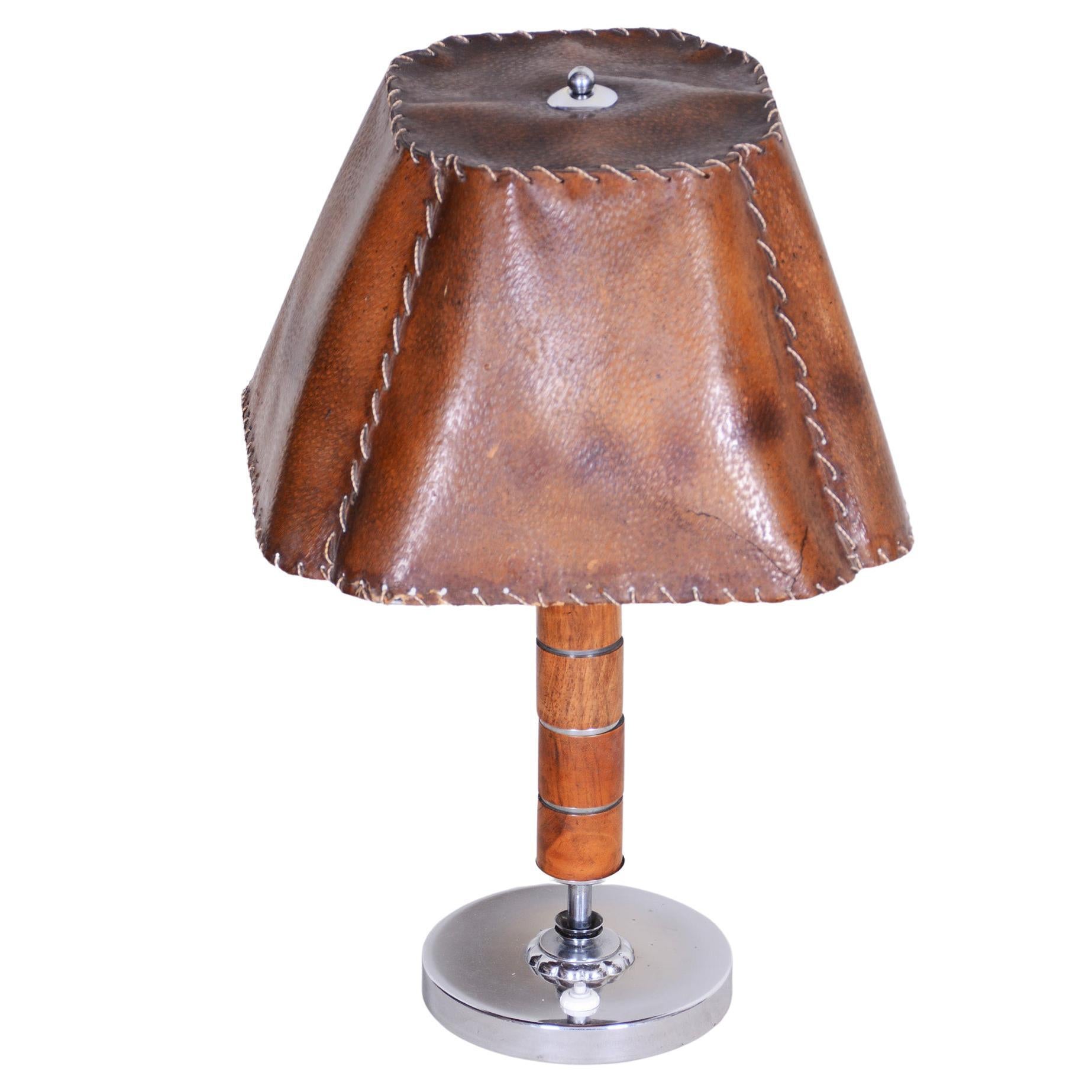 Czech Art Deco Table Lamp, Fully Restored, 1920s, Walnut, Chrome and Parchment For Sale