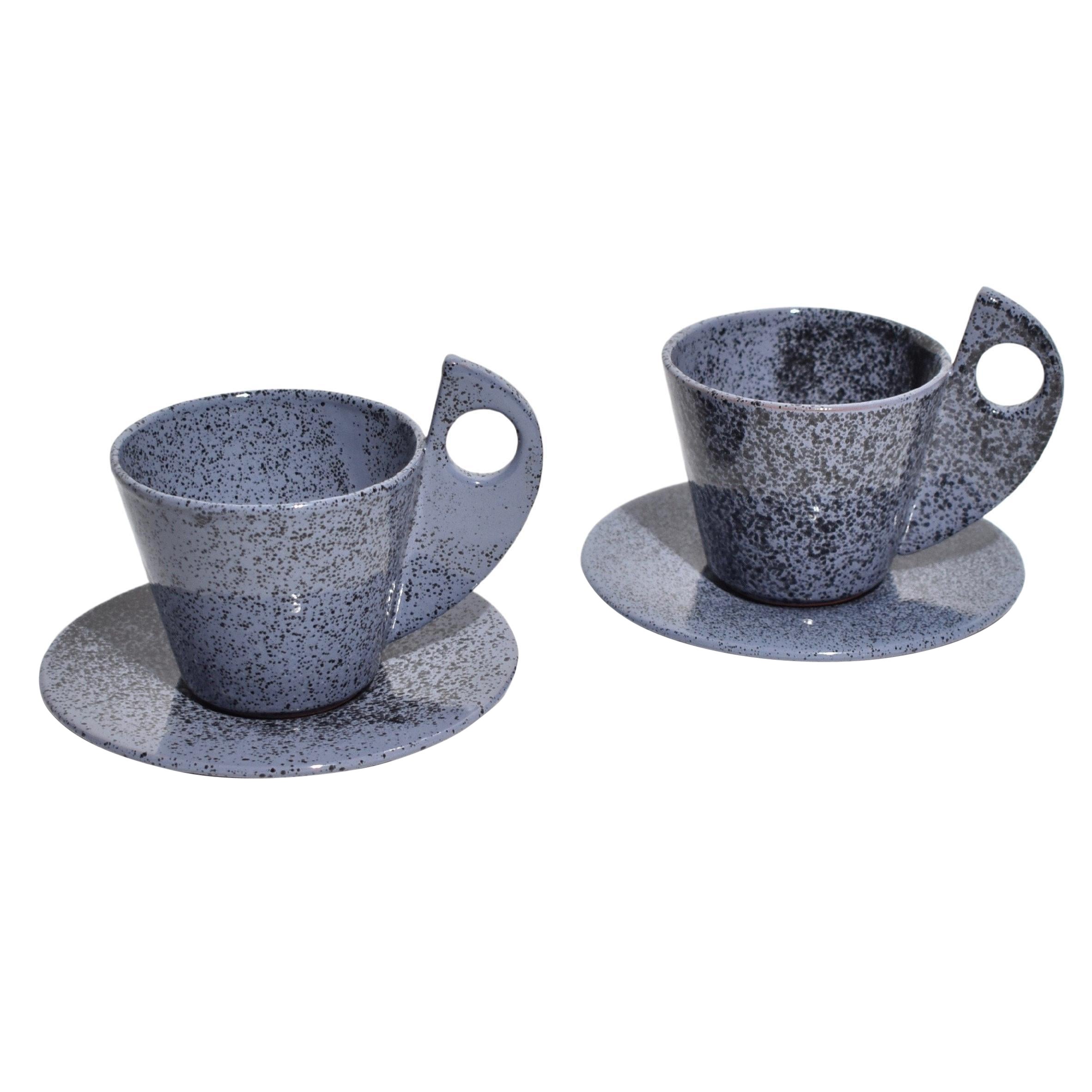 Postmodern Ceramic Teacup Set in Blue Speckle Pattern