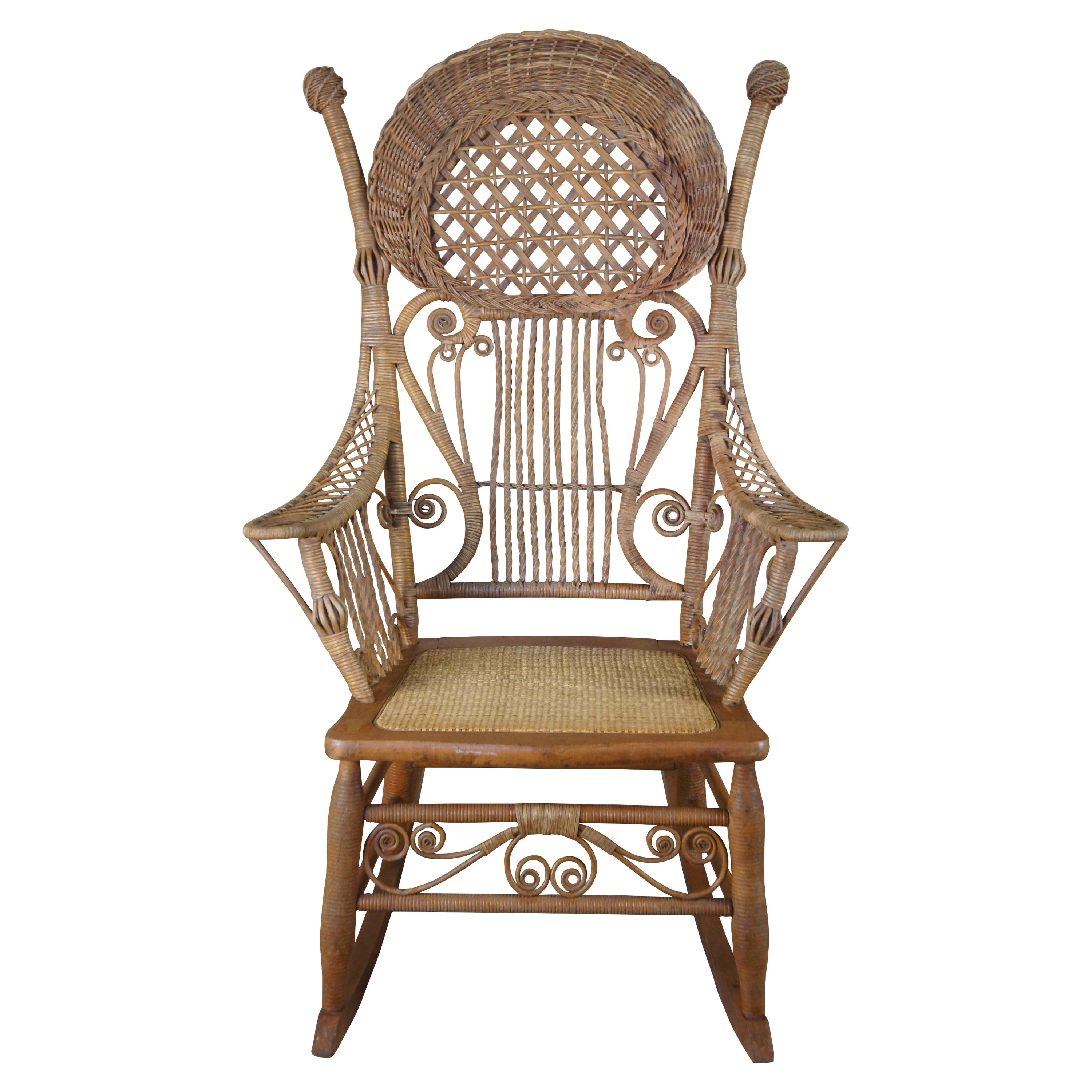 Antique Heywood Wakefield Victorian Wicker Rocking Arm Chair Rattan Seat 1900s