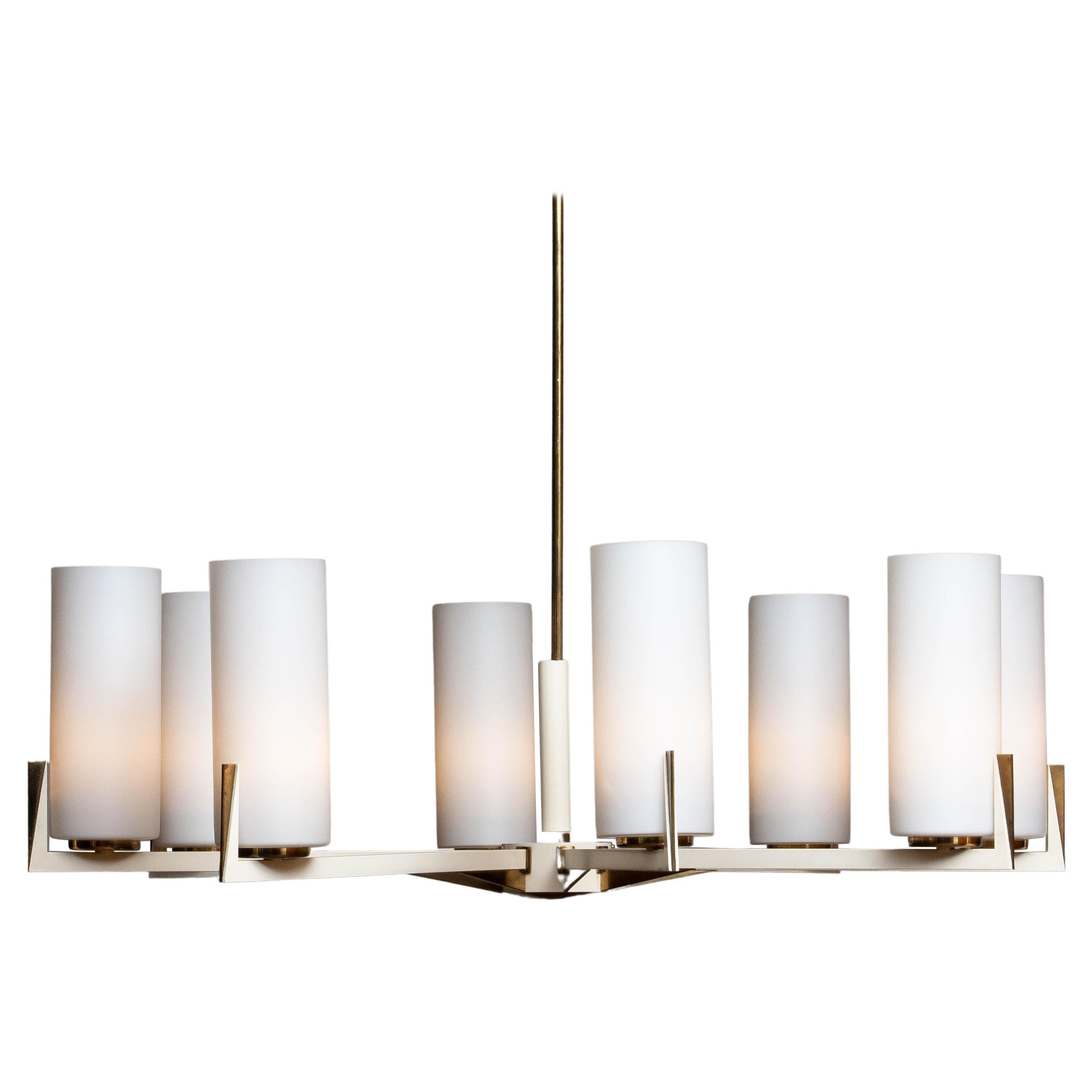 Grand Chandelier in White Lacquer with Brass and Frosted Glass Vases by Kaiser