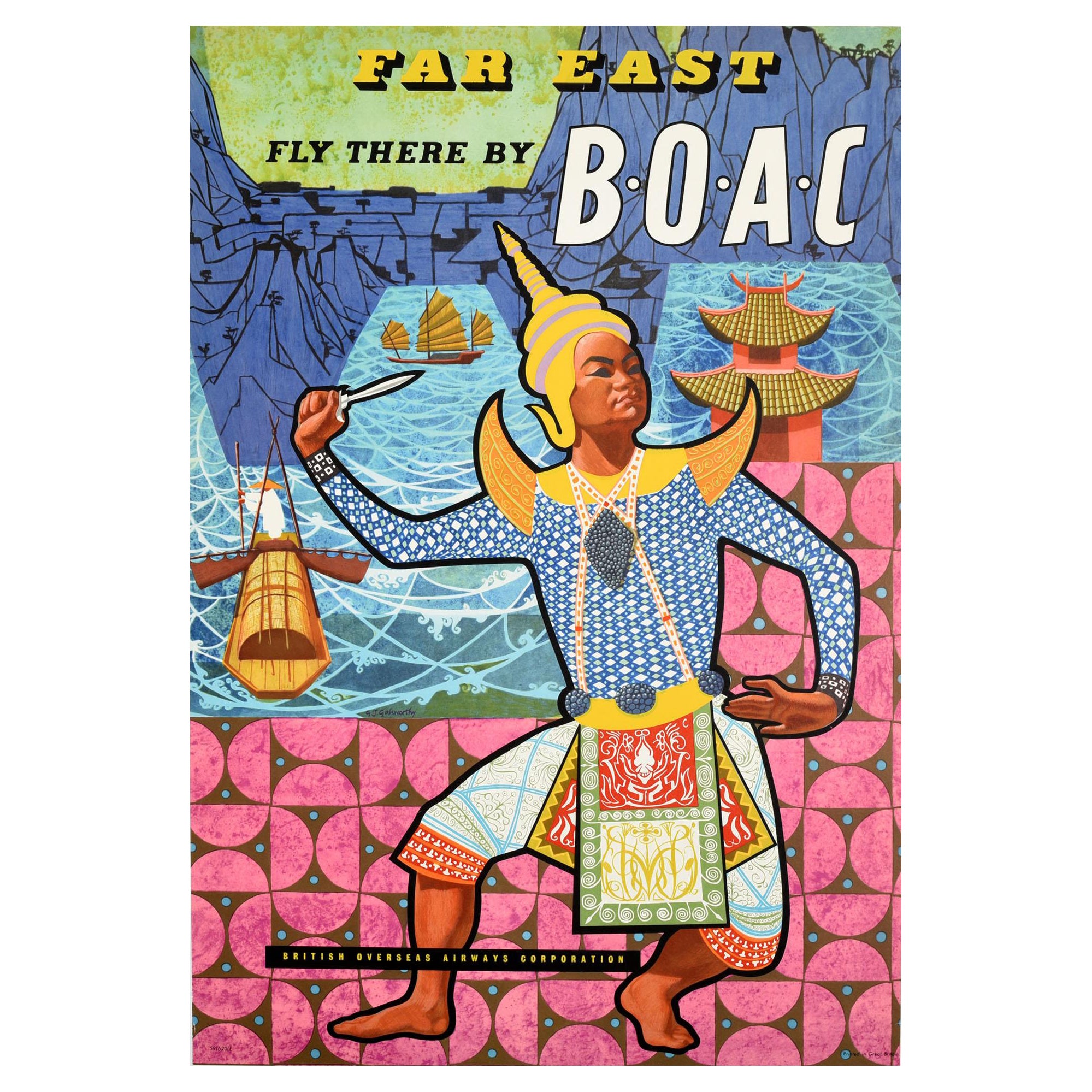 Original Vintage Air Travel Poster Far East Fly There By BOAC Asia Dance Design