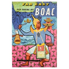 Original Retro Air Travel Poster Far East Fly There By BOAC Asia Dance Design