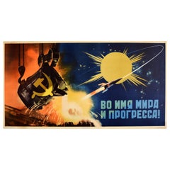 Affiche rétro originale soviétique « In The Name Of Peace And Progress » (En nom de course à l'espace de l'URSS)