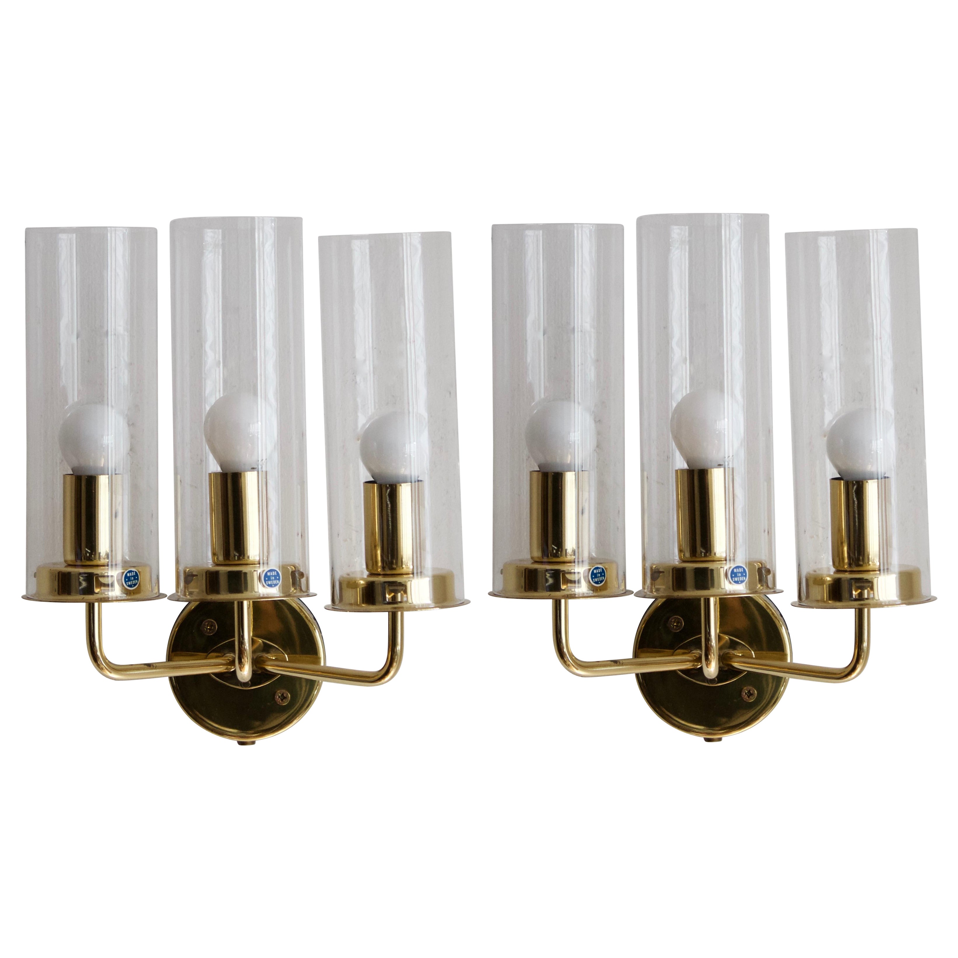 Hans-Agne Jakobsson, Three-Armed Wall Lights, Brass, Glass, Sweden, c. 1970s