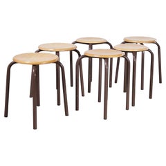 1960's Simple French Stacking School Stools, Brown, Set of Six