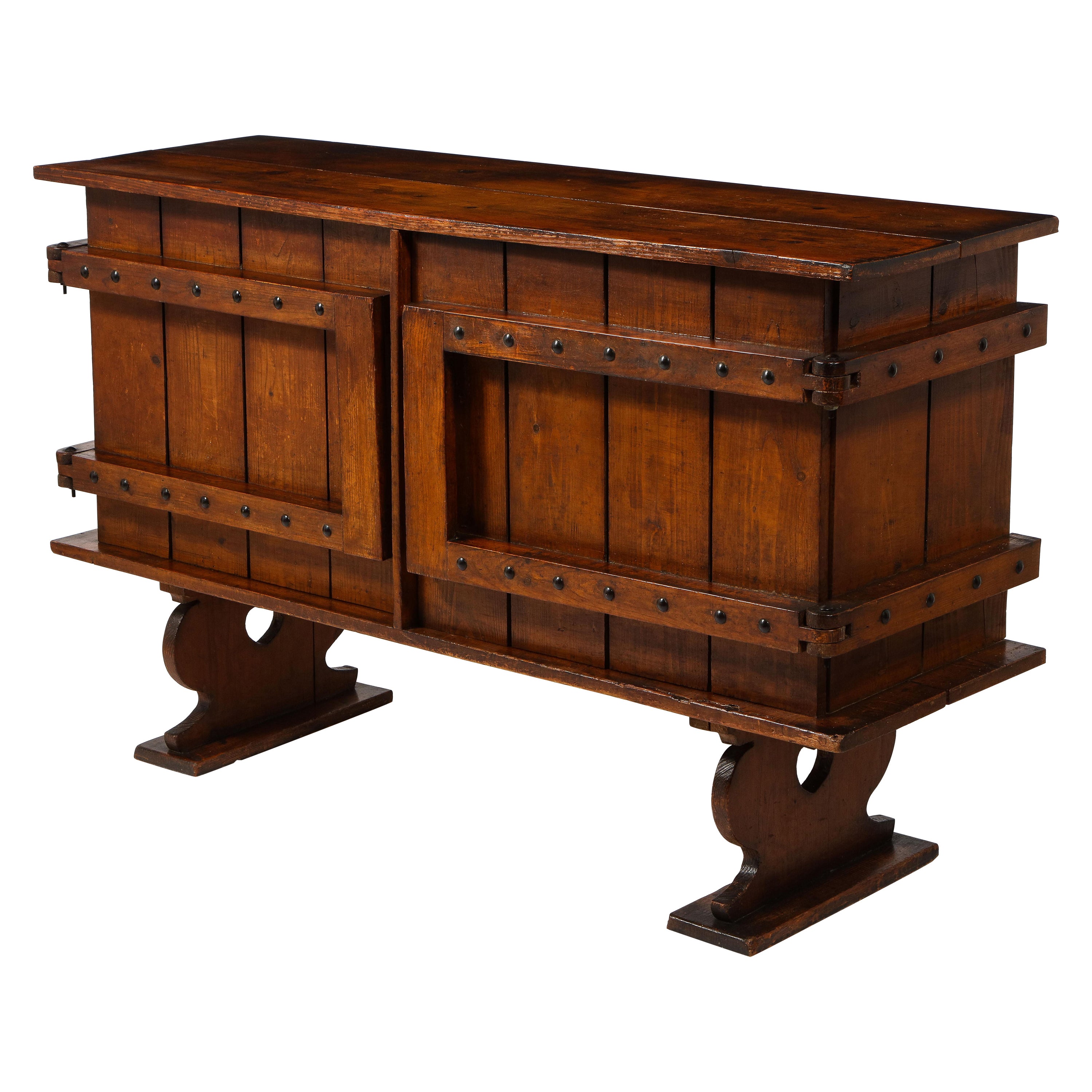 Brutalist Neo-Gothic Rustic Two-Door Pine Sideboard Credenza, France 1920's