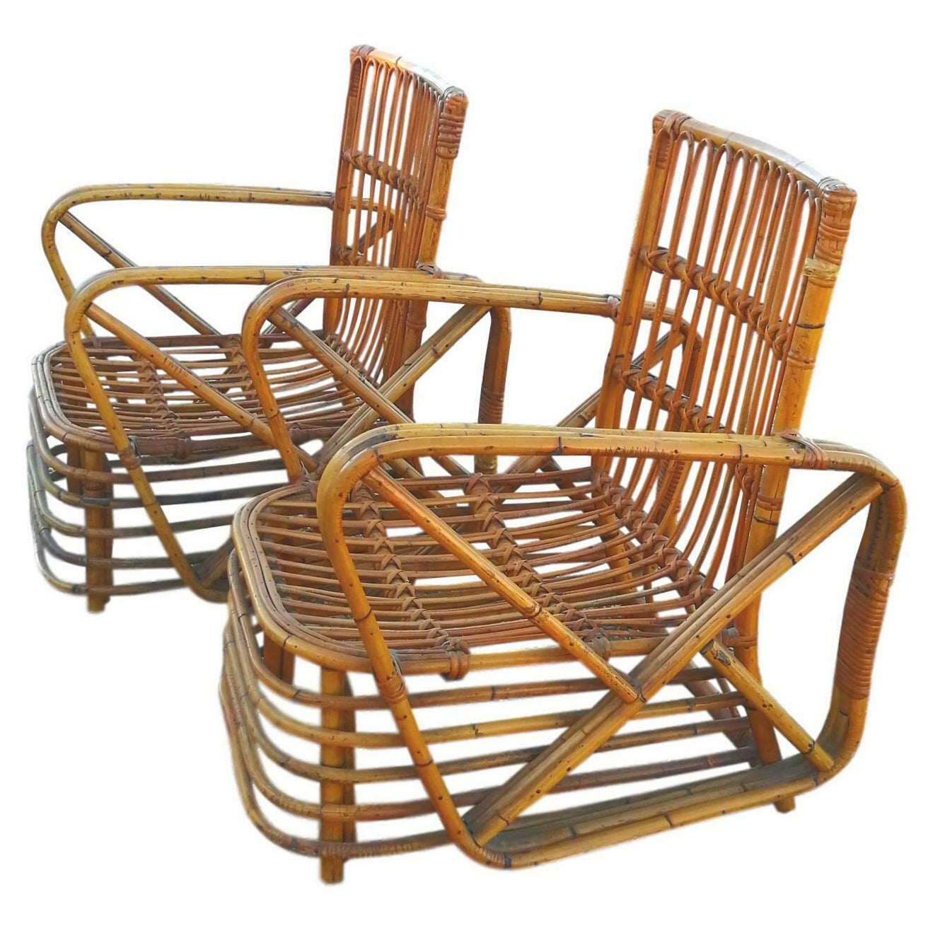 Pair of Armchairs + Table in Rattan Bamboo Design Paul Frankl, 1940s