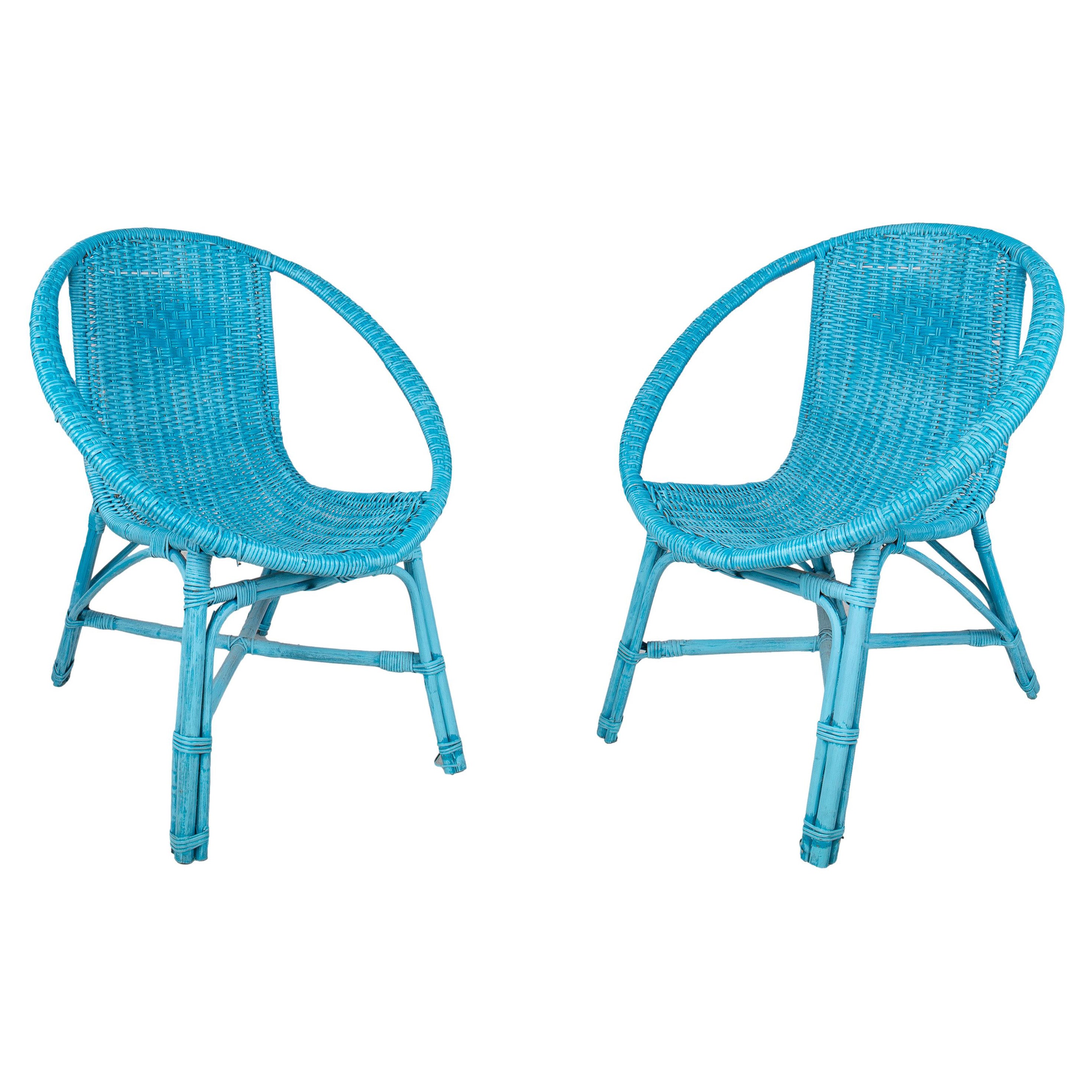 Pair of 1970s Spanish Woven Wicker Blue Chairs