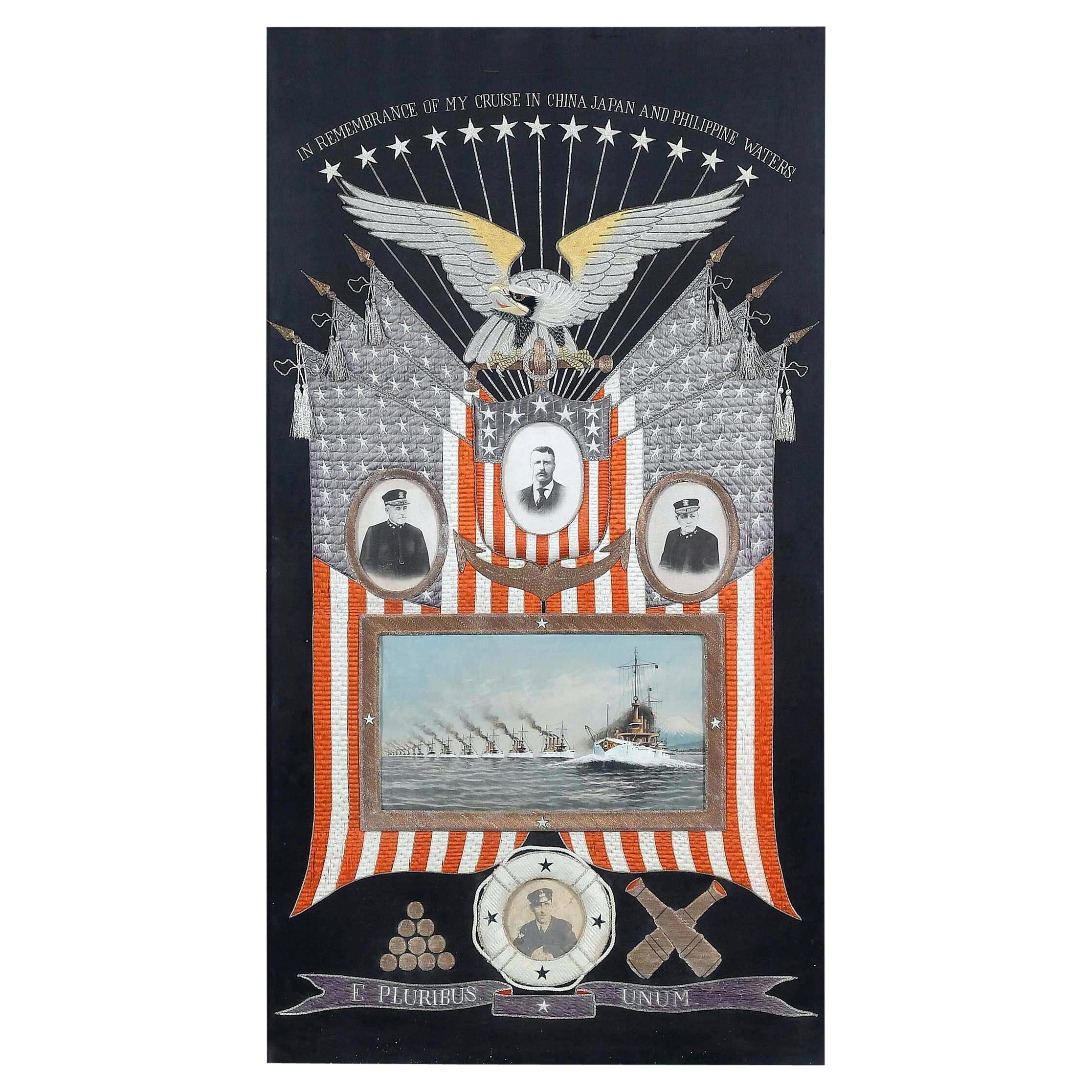 Panneau textile japonais ancien représentant une grande flotte blanche historique américaine