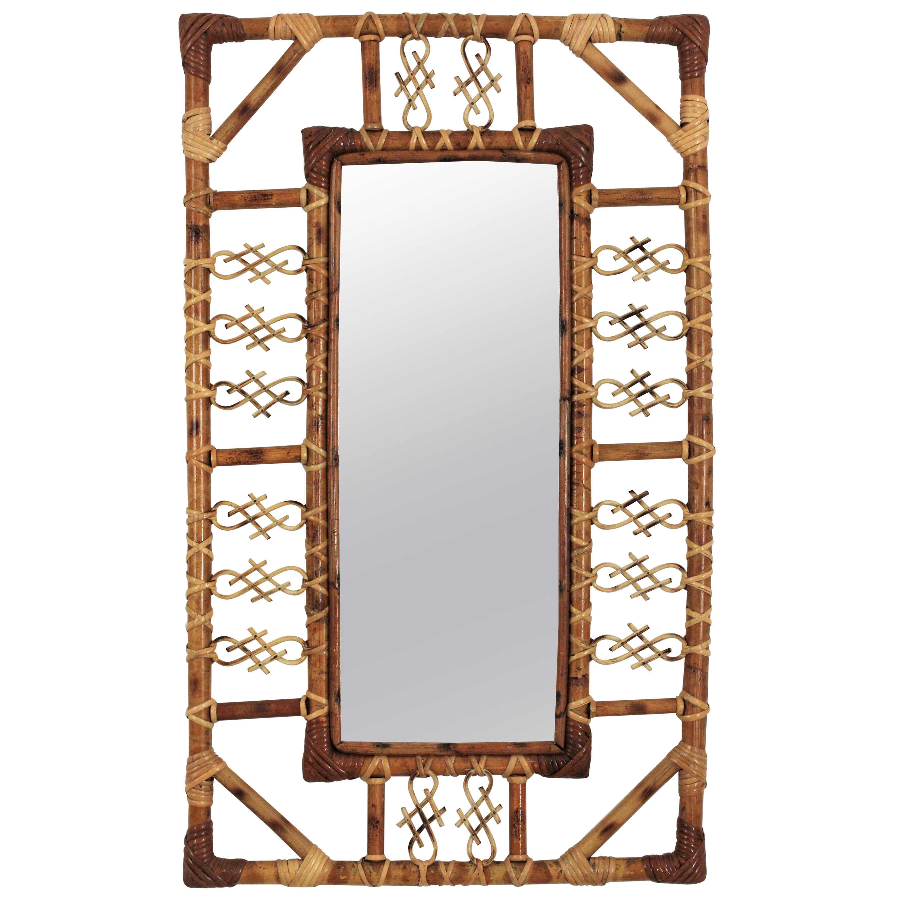 French Rattan and Bamboo Mirror with Chinoiserie Motifs