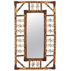 French Rattan and Bamboo Mirror with Chinoiserie Motifs