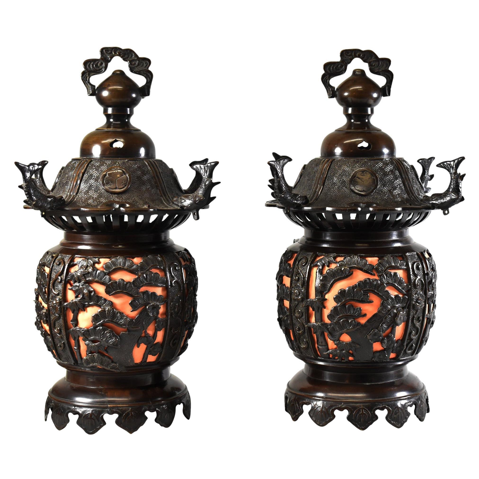 Pair Bronze Asian Style Reticulated Lanterns For Sale
