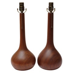 Pair of Danish Solid Staved Teak Bulbous-Form Table Lamps