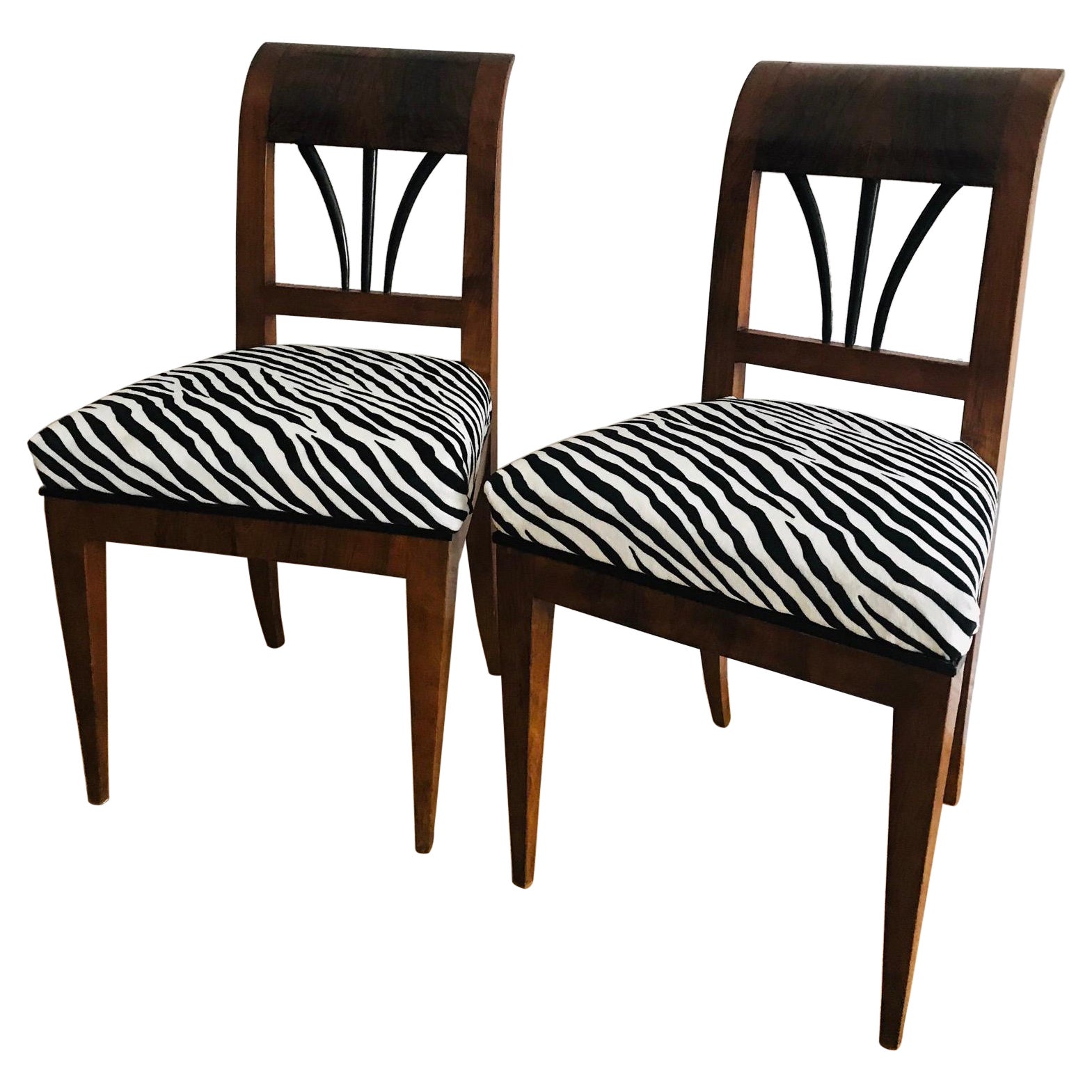 Pair of Biedermeier 1820 Viennese Walnut Chairs  in Zebra Chenile  Textile For Sale