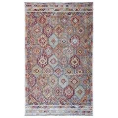 Colorful Retro Kilim Embroidered Jajeem with Design in Green, Blue, and Cream