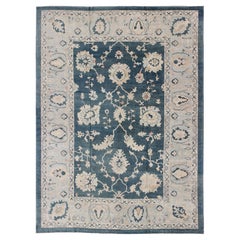 Large Turkish Oushak Rug with Dark Teal Blue Background & Ice Blue Border