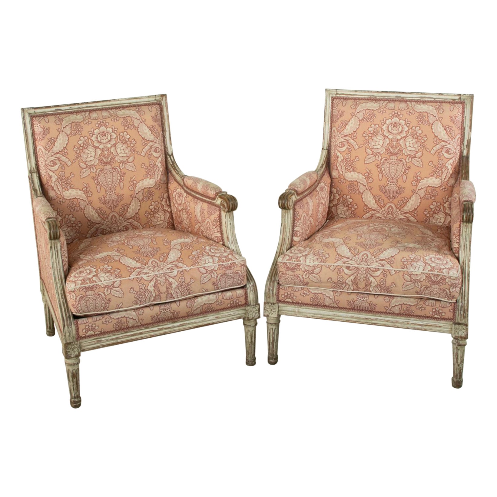 Pair of Mid-Twentieth Century French Louis XVI Style Painted Armchairs, Bergeres