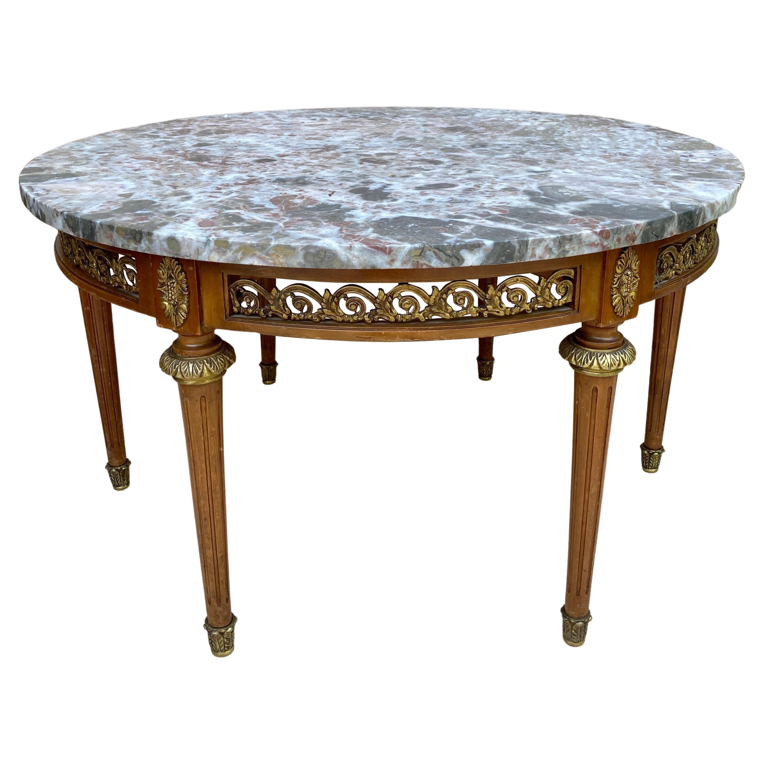 Table française du XXe siècle de style Louis XVI en bronze, marbre rond et chêne