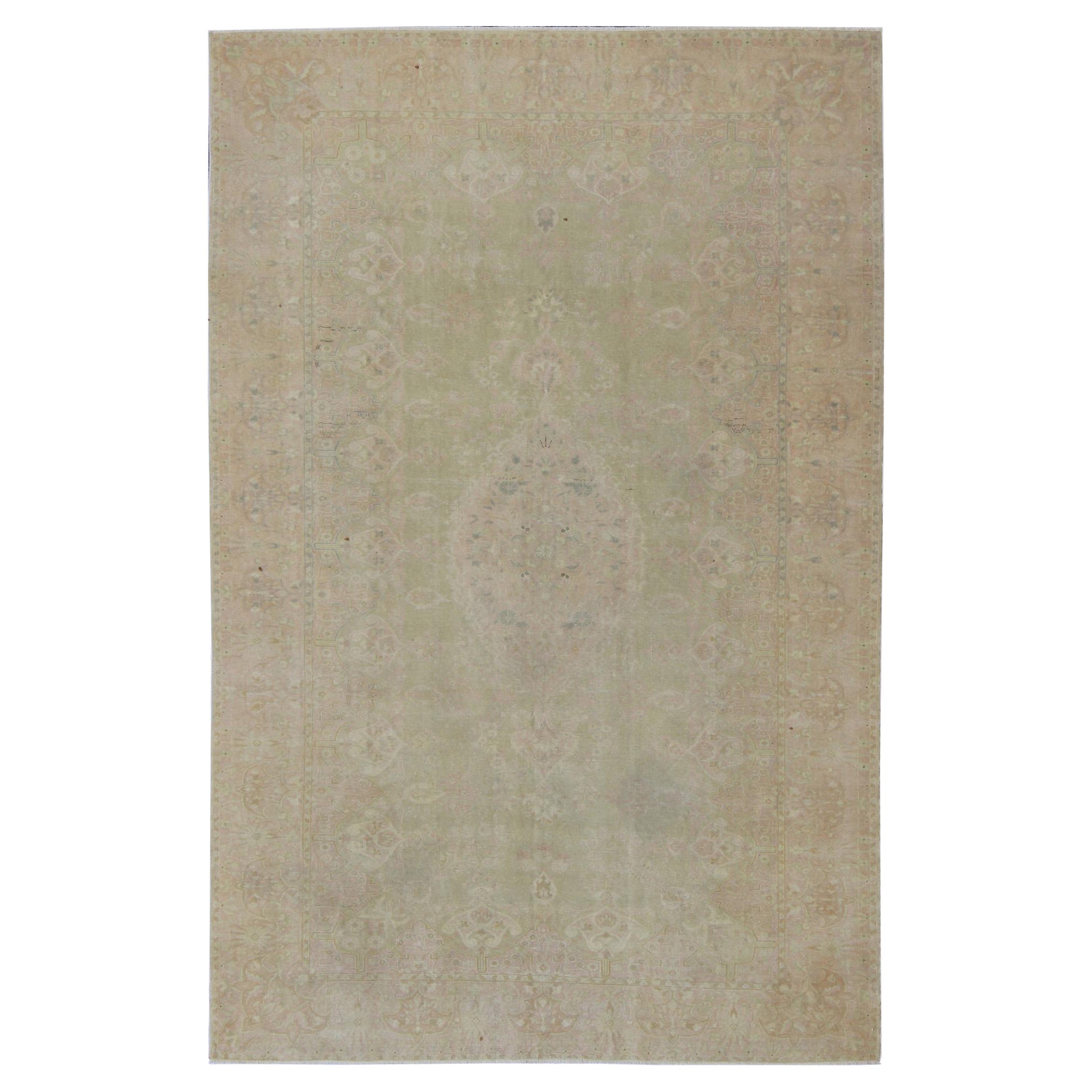 Soft Toned, Medallion Design Vintage Turkish Sivas Rug in Green and Pink