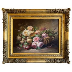 Antique 20th Century French, Still Life Oil Painting of Colorful Roses by Roger Godchaux