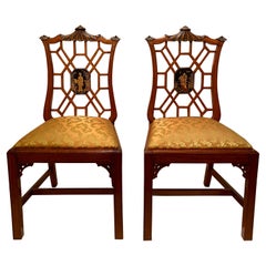 Pair Antique English Chinoiserie Lacquer Detail Satinwood Side Chairs, Ca. 1900