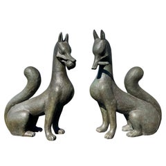 Japan Fine Pair Vintage Bronze Fox Kitsune, Early 20th Century