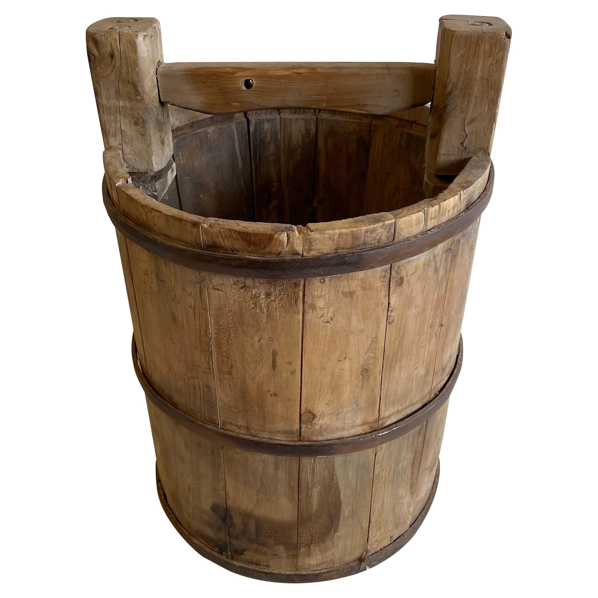 Vintage Weathered Cypress Wood Garden Buckets with Handle For Sale at
