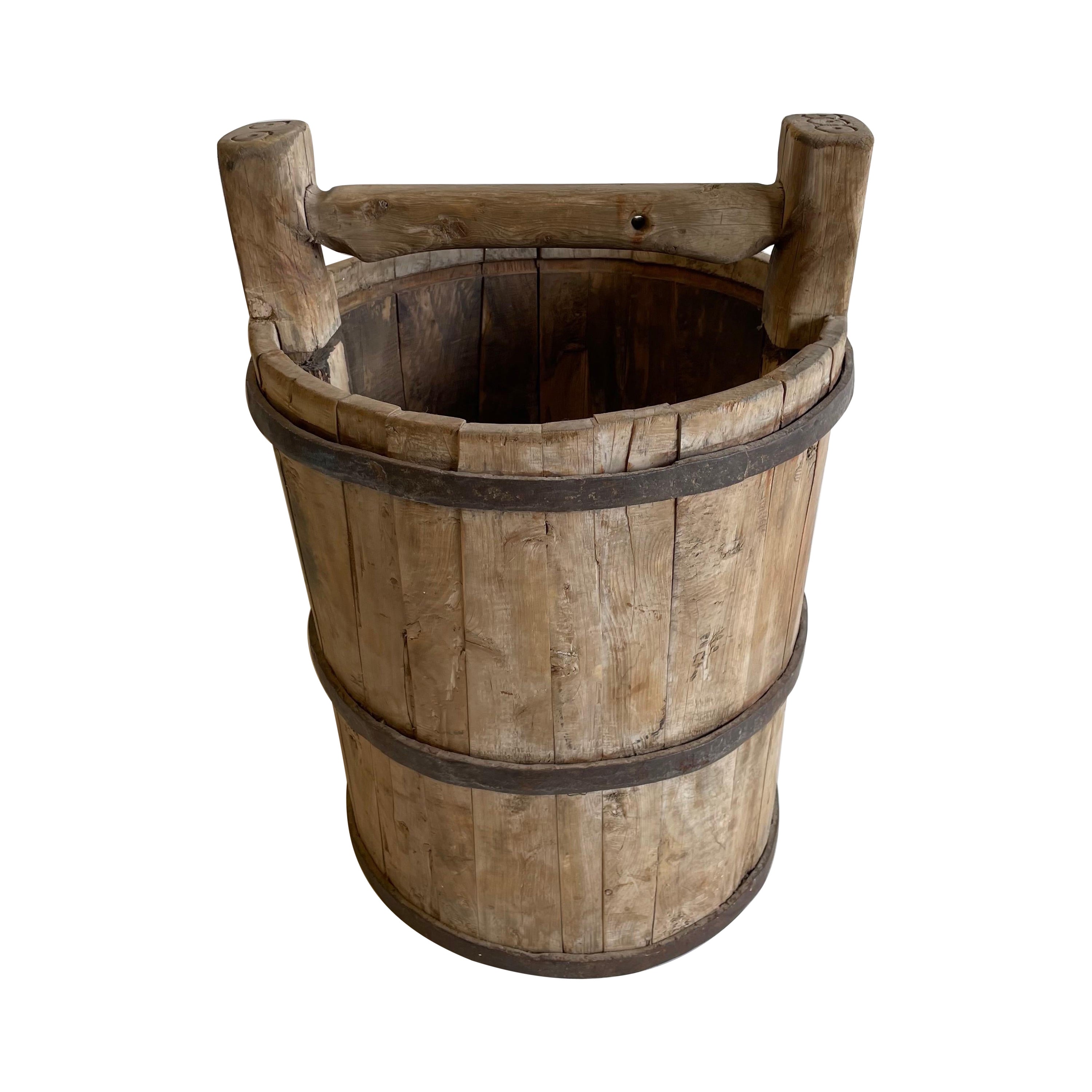 Vintage Weathered Cypress Wood Garden Buckets with Handle For Sale