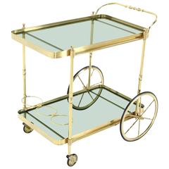 Vintage Brass and Green Bottle Shade Glass Italian Tea Cart