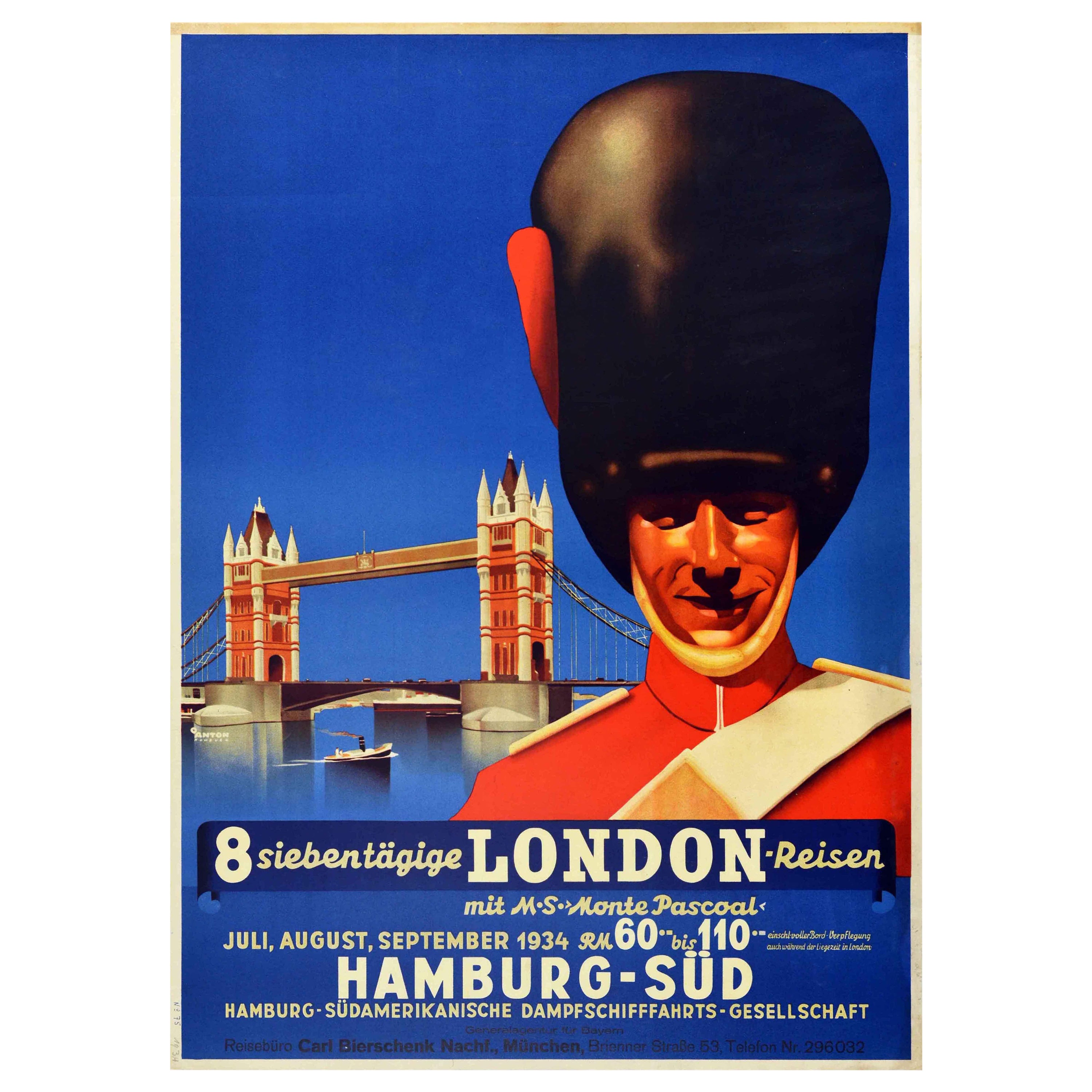 Original Vintage Travel Poster London Cruise Ft. Royal Guard Tower Bridge Design