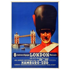 Affiche vintage originale de voyage London Cruise Ft. Conception du pont de la Royal Guard Tower