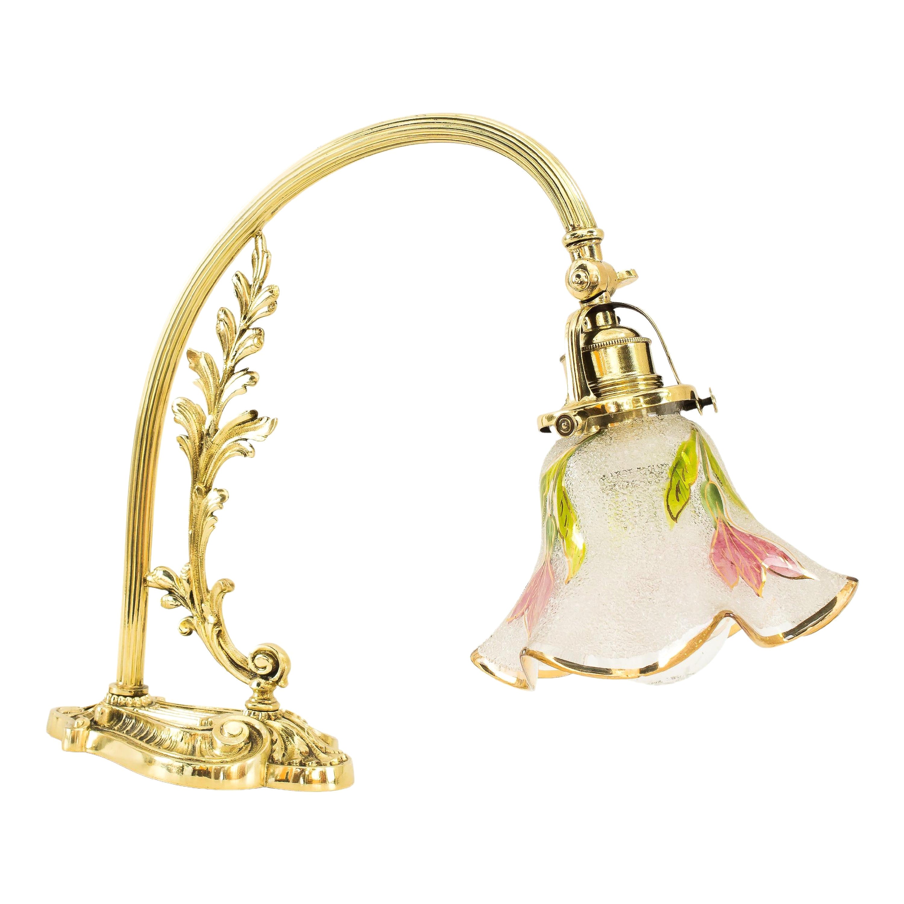 Jugendstil-Klammerlampe im Jugendstil mit originalem antiken Glasschirm Wien um 1907