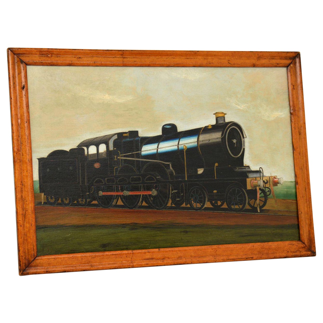 Antique Victorian Oil Painting Steam Locomotive Train For Sale