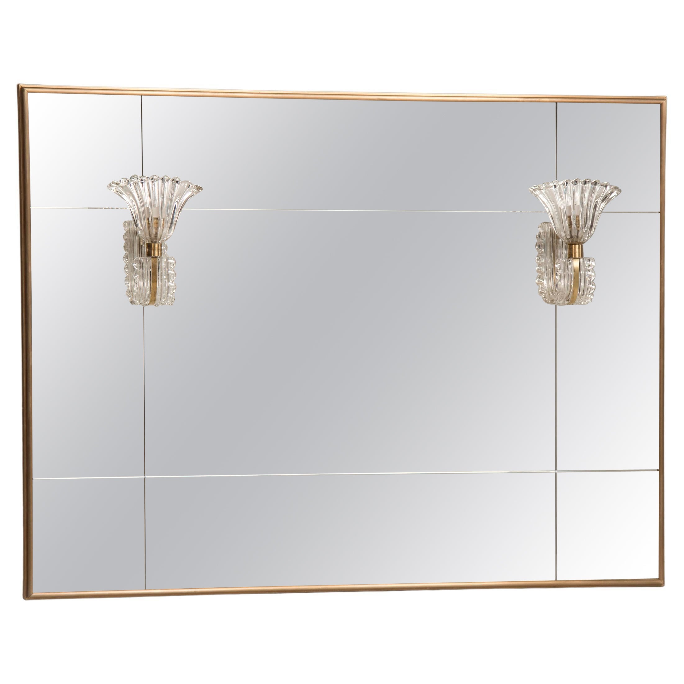 Brass Frame paneled Mirror with Studs and Glass Sconces Lights by Barovier