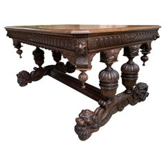 Large Antique French Carved Oak Dining Table Library Desk Lion Renaissance 19thc