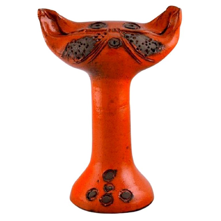 Swedish Ceramicist, Unique Sculpture in Orange Glazed Stoneware, Cat, 1970s